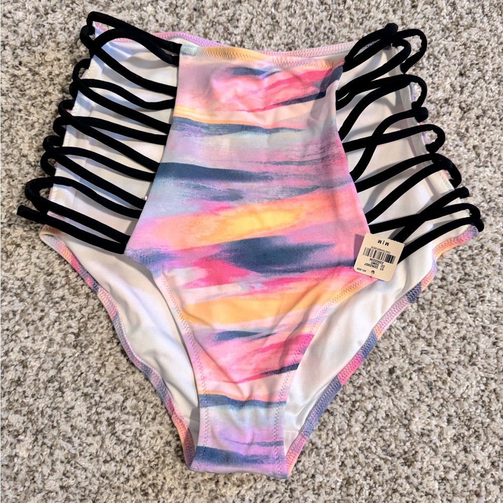 PINK Strappy High Waist Watercolor Swimmy Bottoms - M
